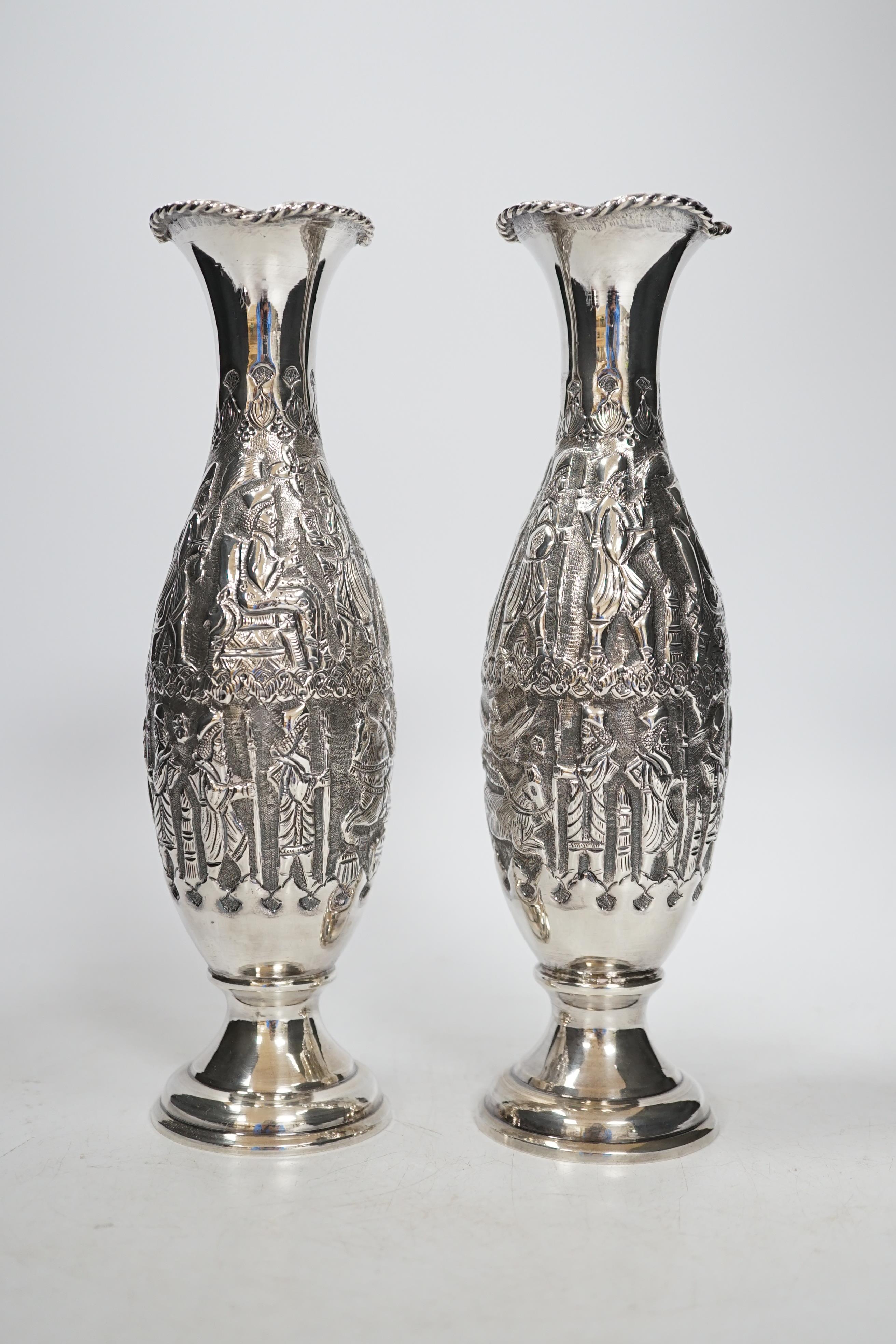 A pair of early 20th century Persian embossed 84 zolotnik white metal specimen vases - Shiraz -Zorostrian decoration depicting King Darius with bearers and emissaries, stamped 84, height 21cm